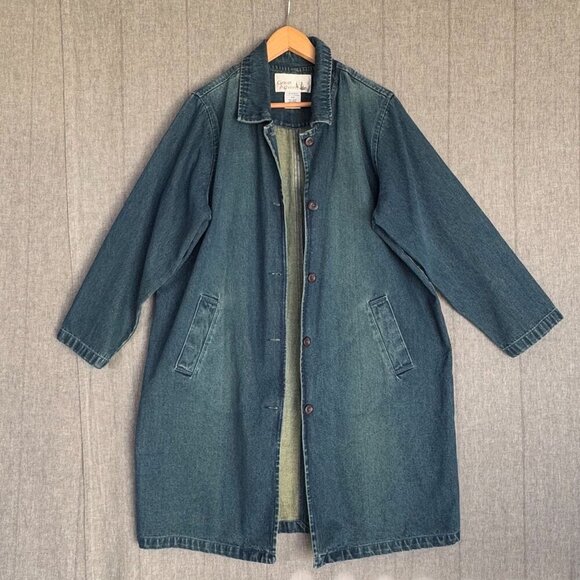 Vintage 90s Great Adventure Denim Long Button Front Midi Length Overcoat Jacket - Picture 3 of 10